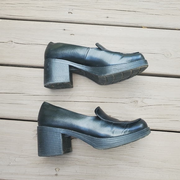 Vintage 90s y2k Bratz Black Vegan Leather Platform Oxford Chunky Heel Loafers 8 - Picture 3 of 9